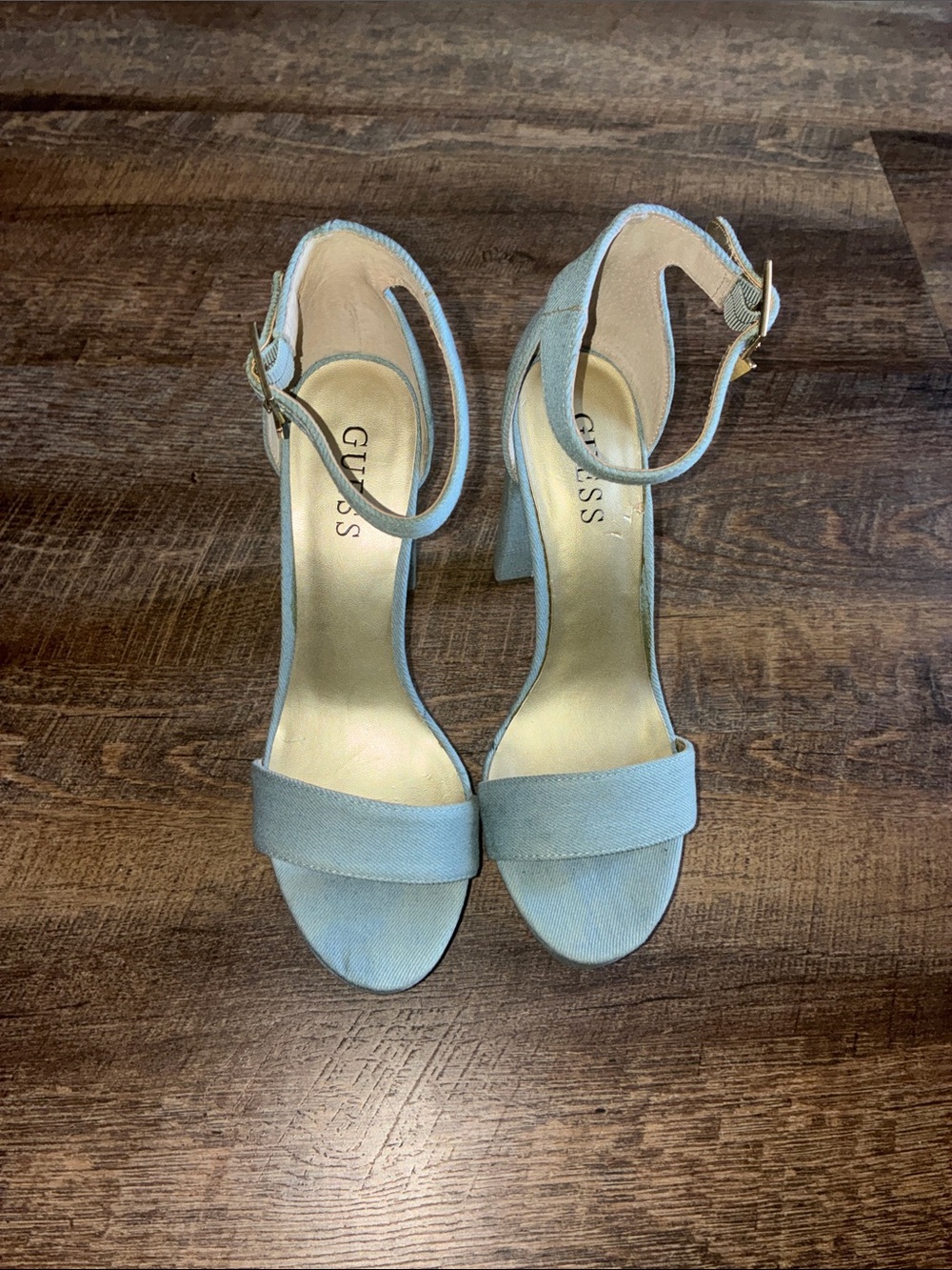 GUESS Pale Blue Open-Toe Ankle Strap Block Heels